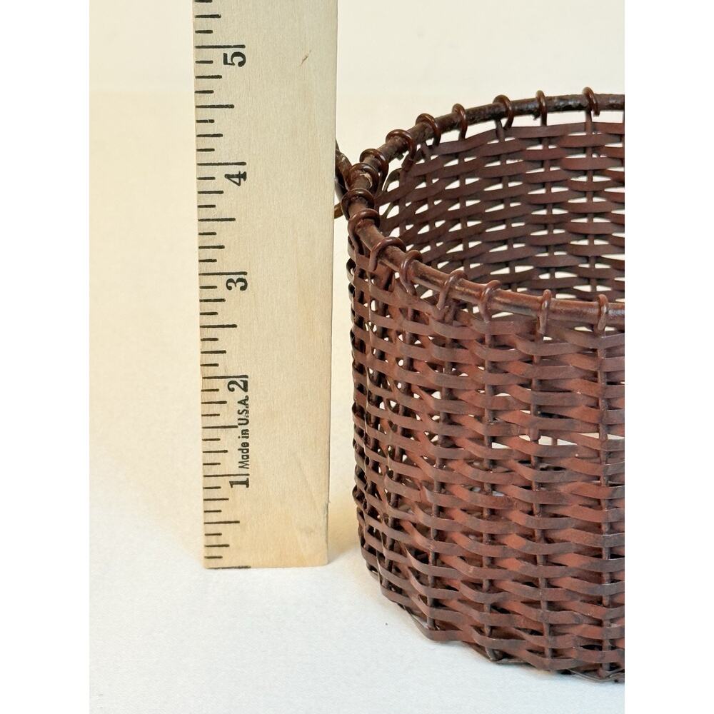 Primitive Burgundy Woven Metal Basket W/ Swing Handle Rustic Farmhouse Decor - Picture 11 of 11